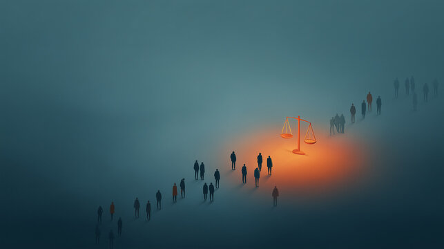 Conceptual illustration of people in line by glowing scales of justice, representing law, equality, legal rights, balance, ethics, social judgment, and human integrity in society.