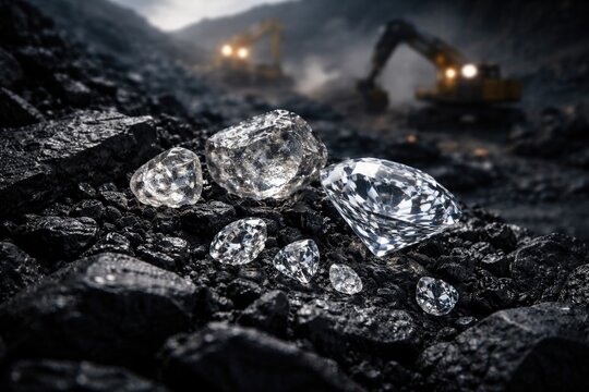 Close up of rough and finished diamonds displayed in active coal mining environment