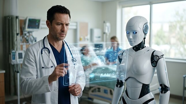 A doctor interacts with a futuristic robot in a modern hospital room with a patient in the background