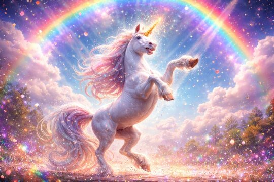 Joyful unicorn dancing under a radiant spectrum filled sky