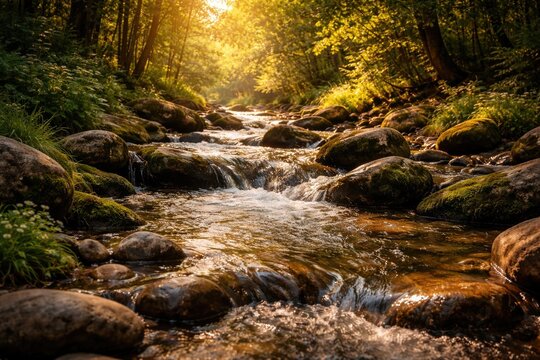 A peaceful rivulet gliding over stones in a pristine outdoor setting with warm sunlight shining through