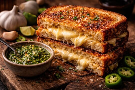 Authentic grilled cheese slices paired with garlic and green pepper mojo sauce