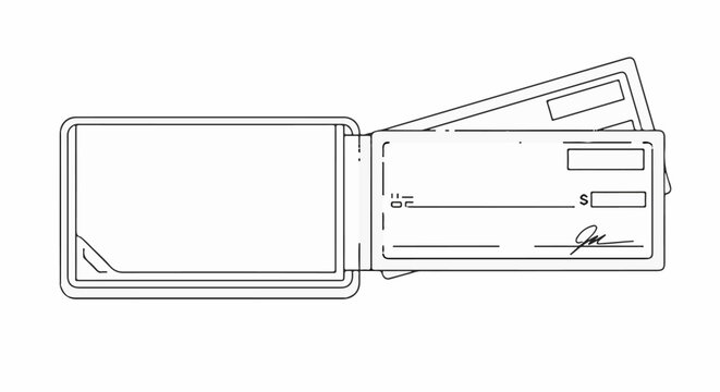 Outline of an open wallet containing cards and a check