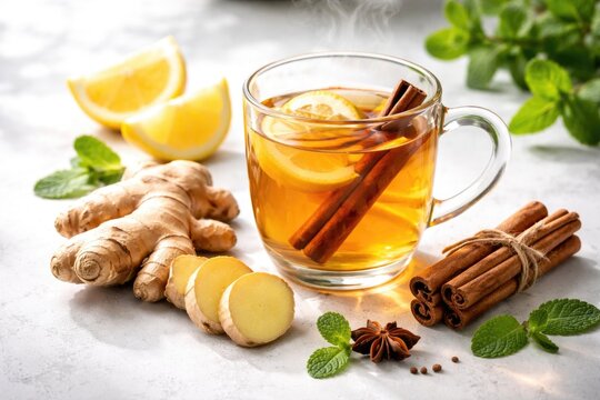 Herbal ginger tea with lemon wedges and cinnamon sticks displayed on bright white surface