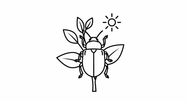Stylized illustration of a beetle on a stem with leaves and sun