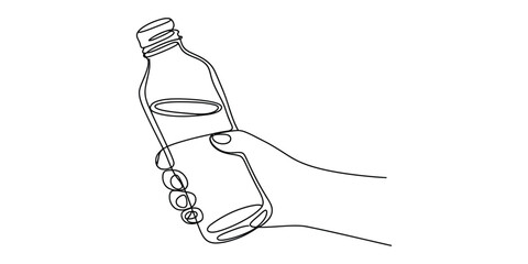 Hand holding a plastic water bottle line art drawing © Bilas