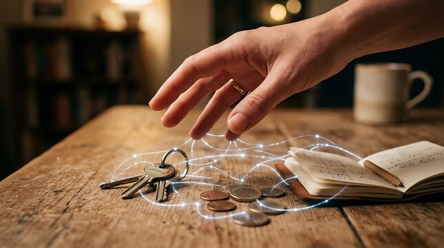 A hand reaching for keys on a wooden table with coins and a book nearby indoors