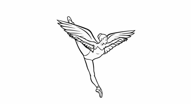 Winged ballet dancer in a split, en pointe, with arms extended