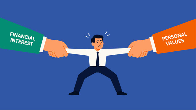 Man pulled between financial interest and personal values showing ethical dilemma, concept of conflict, decision making and moral balance
