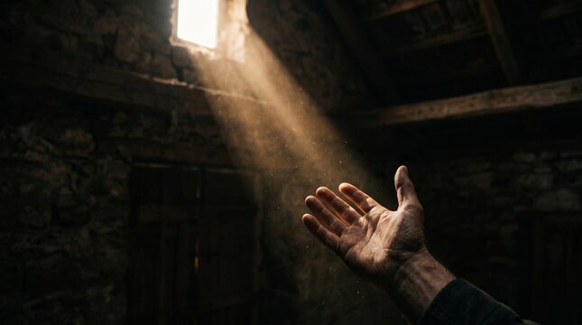 A solitary hand stretches out towards a stream of sunlight piercing through a small window in a dimly lit