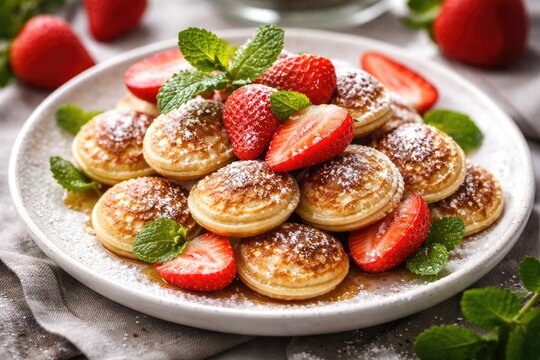 Nutritious mini Dutch pancakes garnished with fresh strawberries mint and a fine layer of powdered sugar