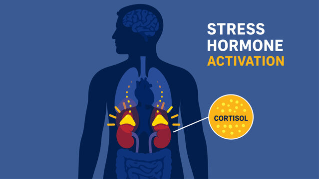 Human body diagram showing stress hormone activation with cortisol response