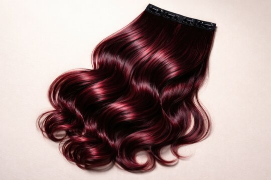 One piece synthetic hair extension with glossy claret waves and smooth texture on neutral surface