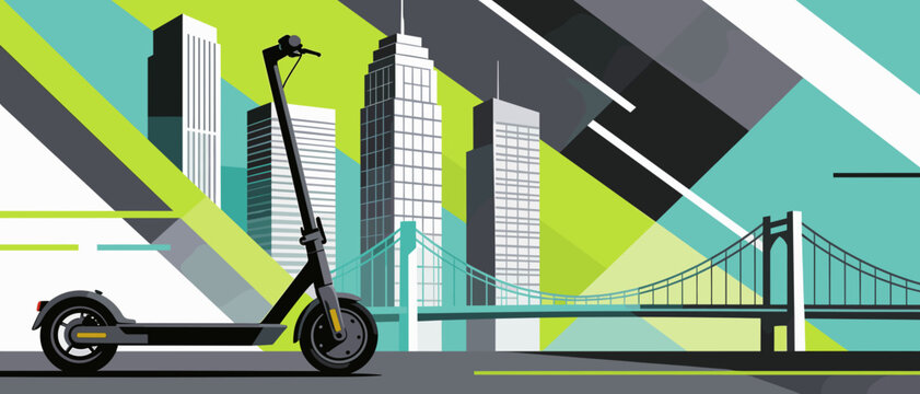 Abstract urban micro mobility concept with electric scooter and city skyline in flat minimal vector style
