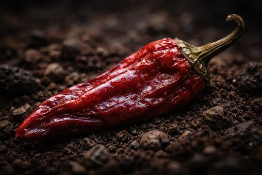 Intense macro shot capturing a red Guajillo chili pepper placed on rough soil with tiny stones