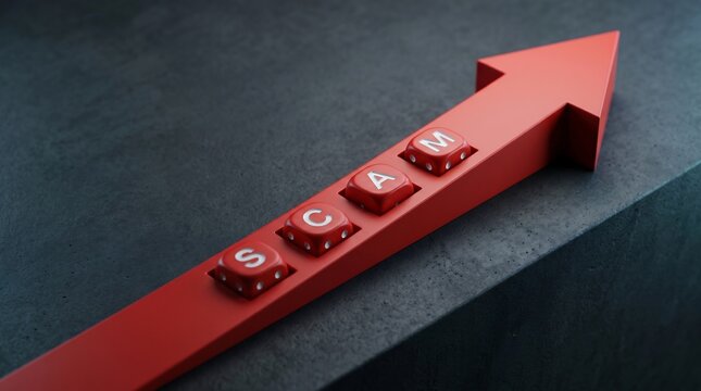 Red arrow with dice spelling 'SCAM' indicates rising fraudulent activity and financial risk