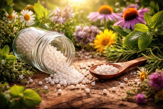 Natural remedy globules containing medicinal plants and copy space