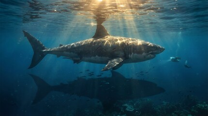 Fototapeta premium A large whale swims underwater with sunlight shining through the ocean surface.