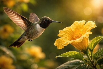 Obraz premium Graceful hummingbird with black throat flying by golden flower in nature
