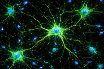 Obraz premium Brain glial cells under fluorescence microscopy with GFAP antibody labeling and nuclear DAPI staining