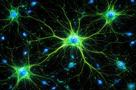Brain glial cells under fluorescence microscopy with GFAP antibody labeling and nuclear DAPI staining