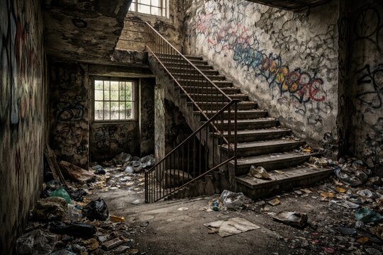 Concrete staircase inside a neglected administrative building with garbage and damaged walls