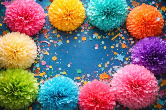 Colorful paper pom poms paired with confetti on a deep blue background for joyful festive crafts