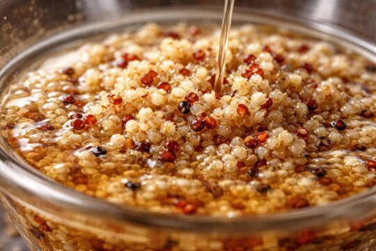 Chenopodium quinoa grains absorbing liquid before cooking