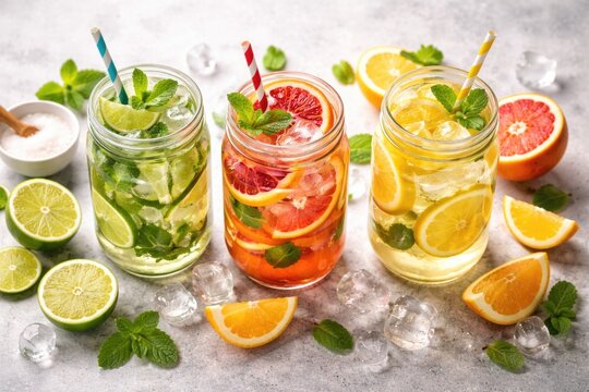 Bright mixed citrus drinks including mojito and lemonade in mason jars with fresh fruit toppings overhead with copy space