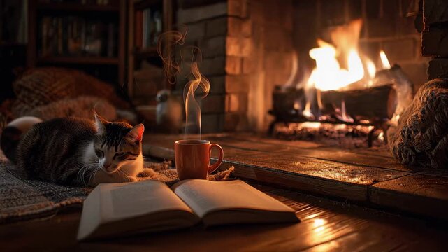 Enjoying hot tea while reading a book with a cat near the warm fireplace on a chilly evening