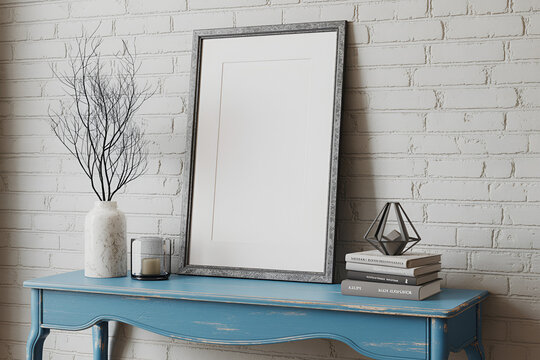 Blue Wooden Table With Picture Frame And Decorative Items On White Brick Wall