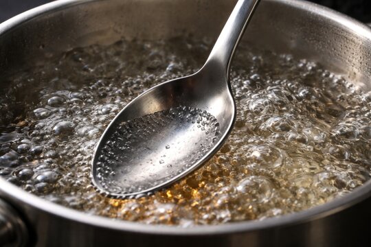 Even heat transfer with a steel spoon in simmering water saves cooking time