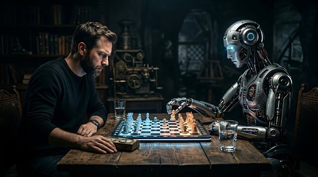 A man plays chess with a robot in a dark room with intense focus