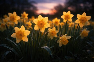 Obraz premium Bright daffodils thriving under gentle twilight illumination