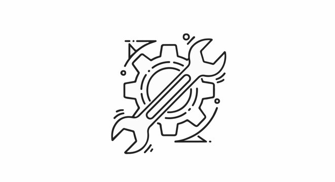 Stylized graphic of a wrench intersecting a gear, with decorative lines and circles