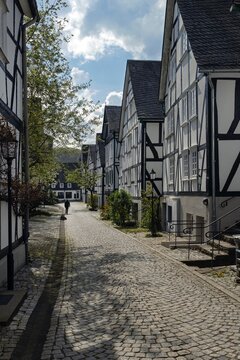 The historic centre with half timbered houses of Friedensdorf Germany, a village in the municipality of Saerbeck, district Steinfurt, the state of North Rhine-Westphalia.