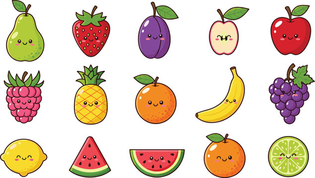 Adorable Kawaii Fruit Collection with Smiling Pear, Strawberry, Pineapple, Banana, Watermelon, and More for Kids' Designs, Stickers, and Illustrations