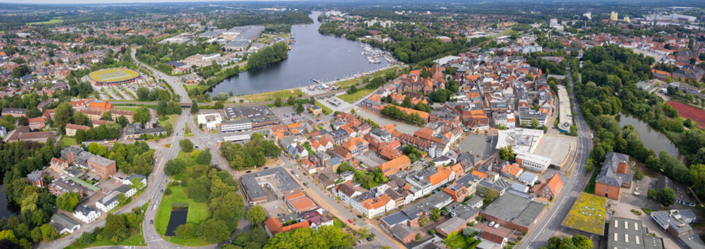 Aerial view around the old town of the city Rendsburg in Germany on a sunny spring noon