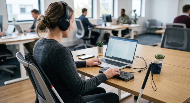 Blind professional using braille display and headphones at laptop shows digital accessibility, assistive technology and realistic independent computer workflow.
