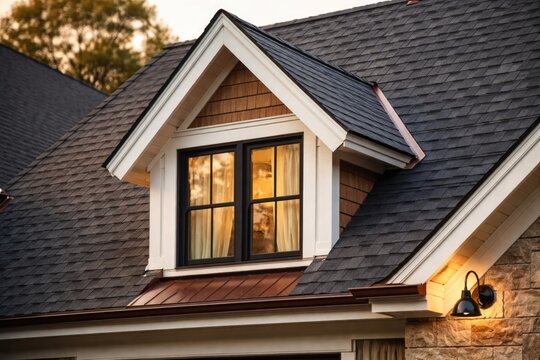 Intimate close up of a gabled dormer window integrated into the inclined rooftop of a brand new dwelling