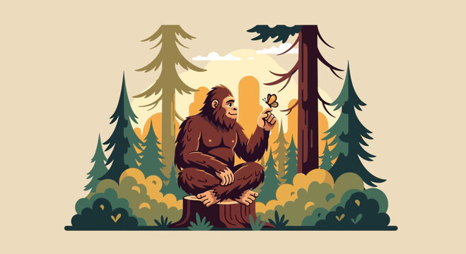 Friendly Sasquatch sitting in Forest with Butterfly Illustration