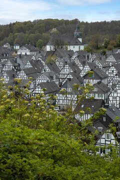 The historic centre with half timbered houses of Friedensdorf Germany, a village in the municipality of Saerbeck, district Steinfurt, the state of North Rhine-Westphalia. View on the town