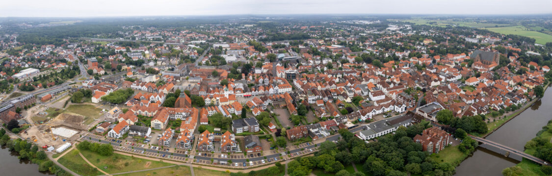Aerial view around the old town of the city Verden in Germany on a sunny spring noon
