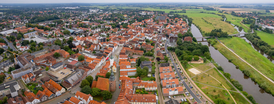 Aerial view around the old town of the city Verden in Germany on a sunny spring noon
