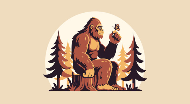 Bigfoot Sasquatch Sitting on Stump with Butterfly Illustration