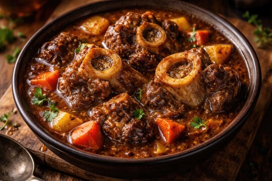 Close perspective of hearty gelatin rich oxtail stew with marrow bones in bowl on wooden plank