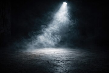 Fototapeta premium Dimly lit room featuring rough concrete floor and white smoke spotlight effect