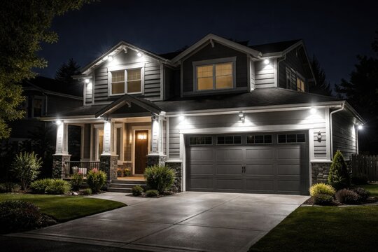 Night scene of a house exterior secured by LED floodlights enhancing neighborhood safety
