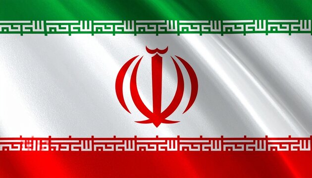 Iran national flag with green, white, red stripes, central red emblem, and Kufic script border, symbolizing identity, culture, and unity.