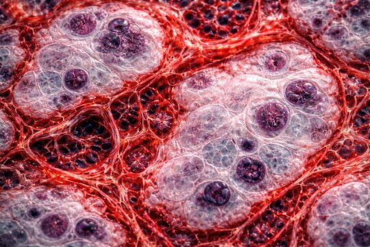Closeup microscopic image of renal carcinoma with clear cytoplasm and complex microvascular patterns